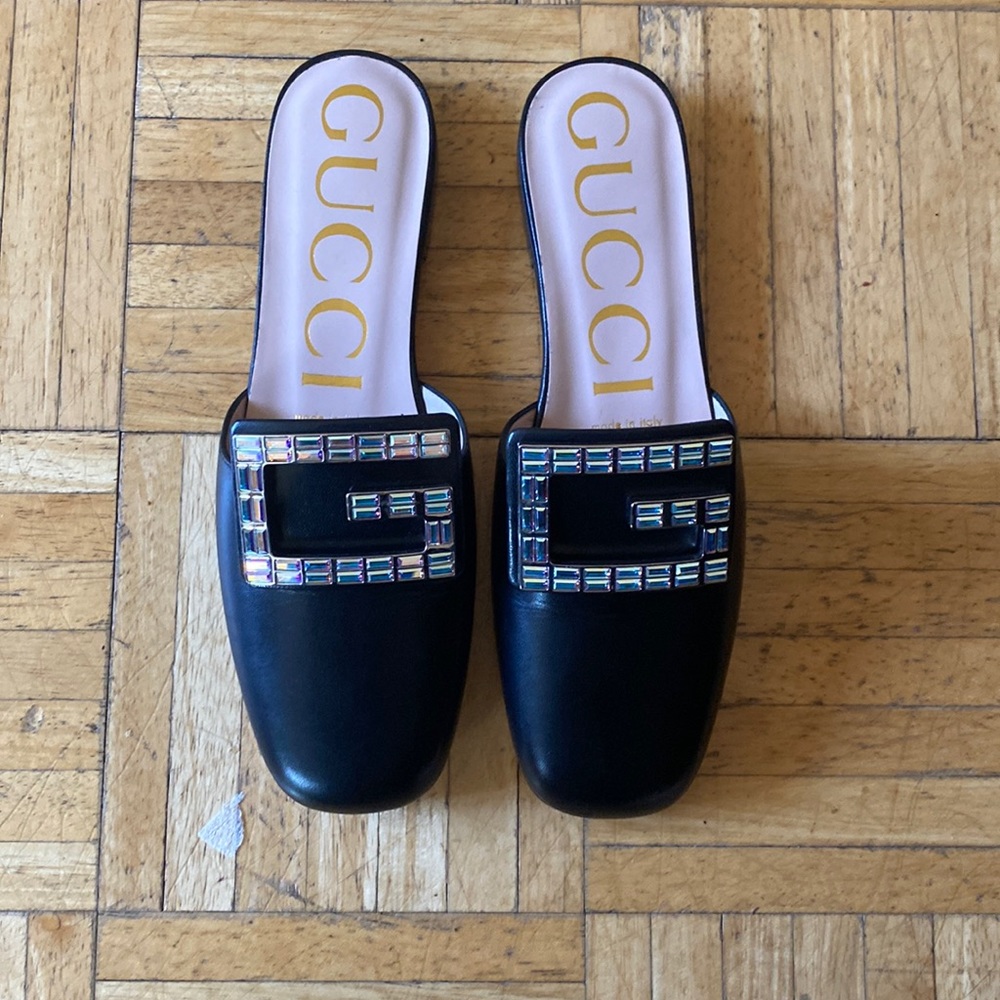 GUCCI
Leather Slide Mules with Square Crystal G